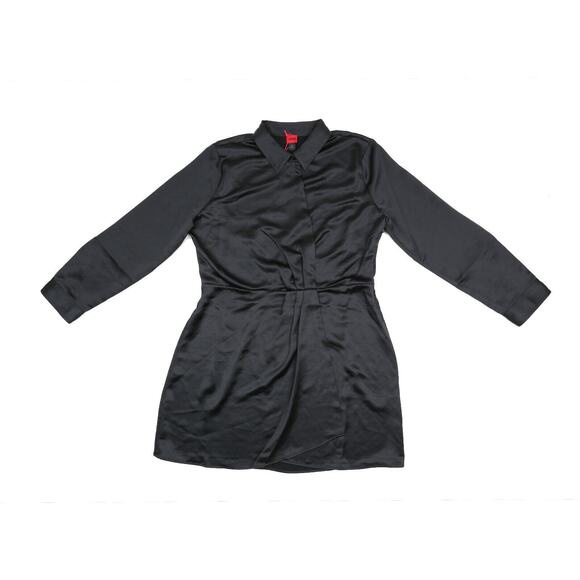 HUGO Wrap Front Long Sleeved Dress In Satin Black Size 14